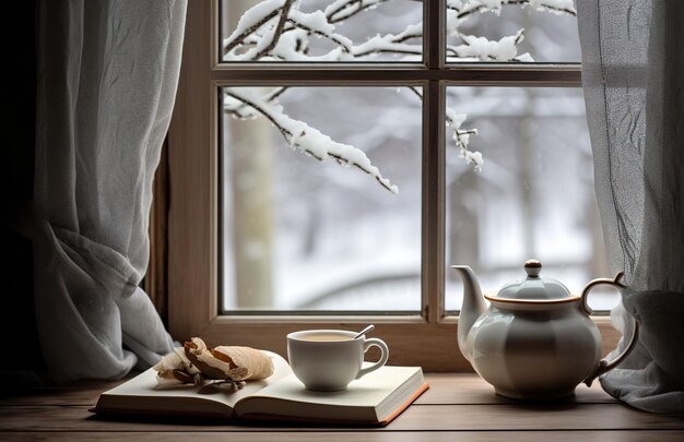 Cozy winter scene Coffee open book and plaid on vintage windowsill in cottage snowy landscape with s