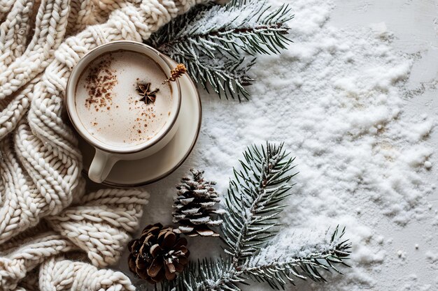 편안한 겨울 장면 플래트 레이와 뜨개질 스웨터와 카카오