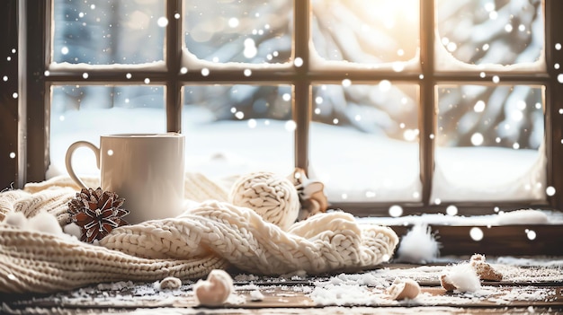 Photo a cozy winter scene with a cup of hot cocoa on a snowy window sill the perfect way to warm up on a cold day