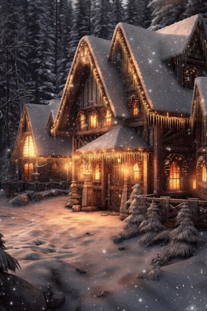 Уютная зимняя сцена с покрытыми снегом деревьями и праздничными огнями, созданными с помощью генеративного AI