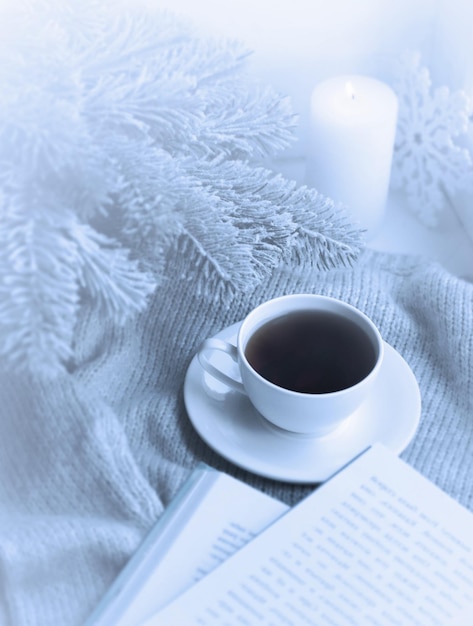Cozy winter still life mug of hot tea and book with warm plaid\
on windowsill against snow landscape from outside