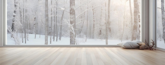 Cozy winter view into forest from wooden terrace floor