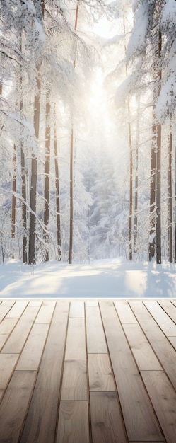 Cozy winter view into forest from wooden terrace floor