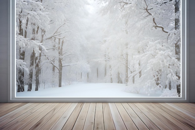 Cozy winter view into forest from wooden terrace floor