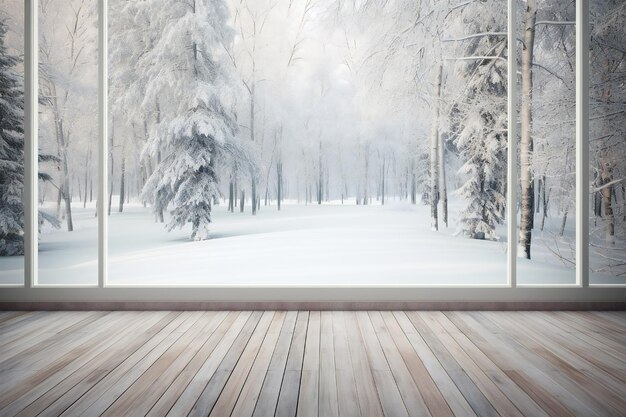 나무 테라스 바닥 에서 숲 을 바라보는 아 한 겨울