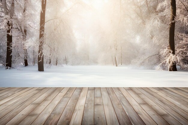 Cozy winter view into forest from wooden terrace floor