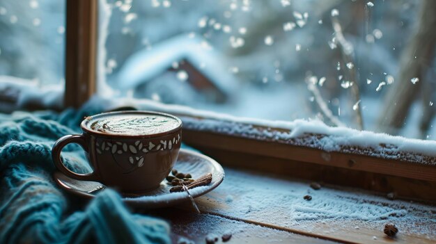 写真 暖かい冬の窓でコーヒーを一杯飲み窓際に編んだセーターを着て心配のない冬の風景