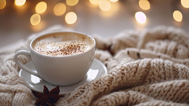 Foto inverno accogliente prepara caffè caldo in mezzo alle luci scintillanti delle vacanze