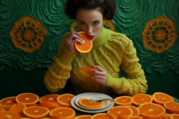 The cozy woman delighting in citrus slices with her knitted sweater ar 32