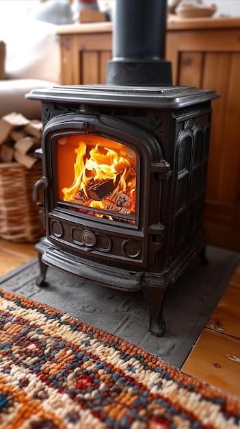 Cozy Wood Stove Burning Brightly in a Rustic Home Interior