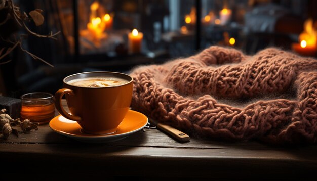 Foto tavolo accogliente in legno, caffè caldo, lana, autunno, conforto rustico generato dall'ai.