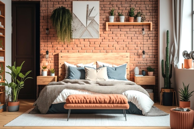 Cozy wooden and brick bedroom