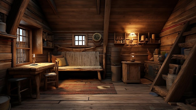 Cozy Wooden Cabin Interior Isolation