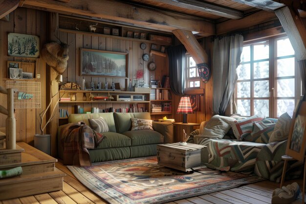 Photo cozy wooden cabin interior with warm lighting