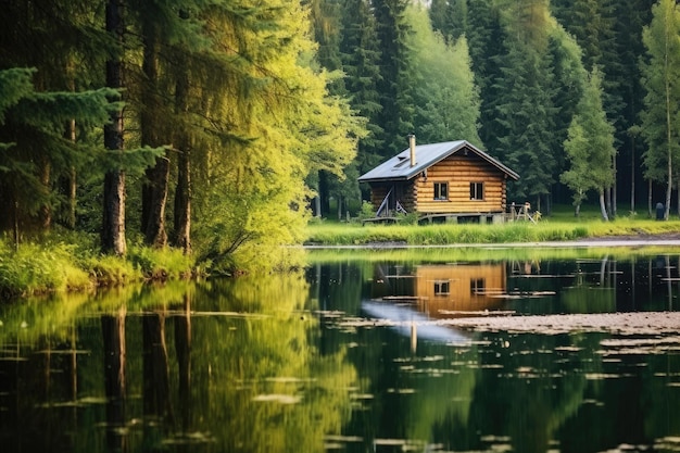 写真 森の静かな湖の近くにある居心地の良い木製の小屋
