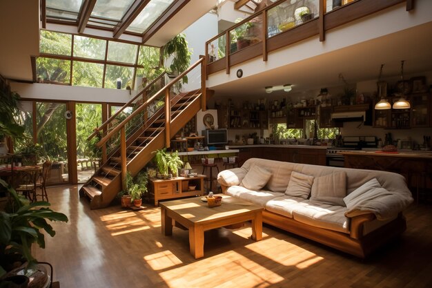 Cozy wooden chairs on terrace of country house in winter forest and drinking hot tea early evening warm light from large window enjoying winter nature