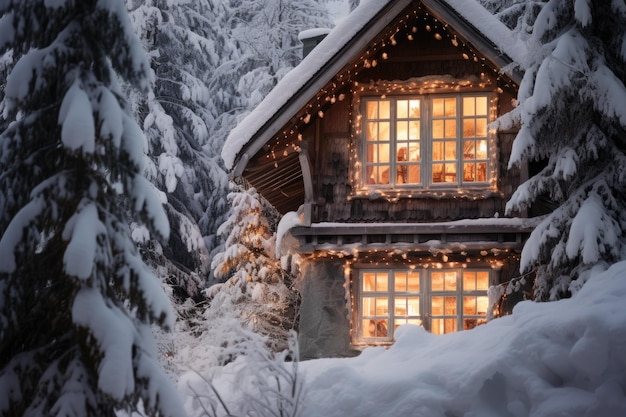 cozy wooden cottage light windows surrounded