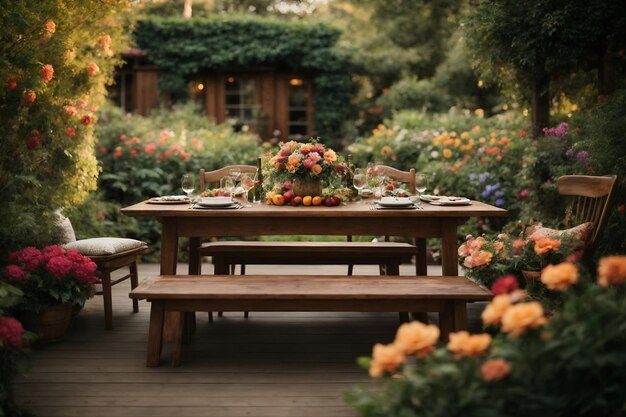 緑豊かな庭に囲まれた居心地の良い木製のダイニングテーブル