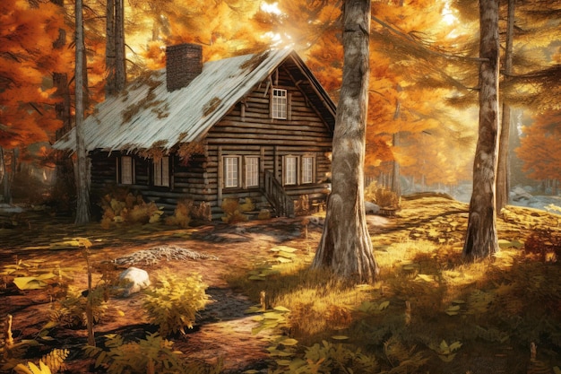 Cozy wooden house in the autumn forest