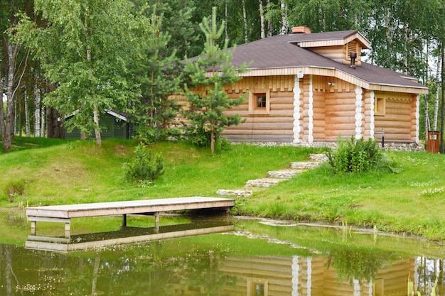 Cozy wooden house with a pier on the lake