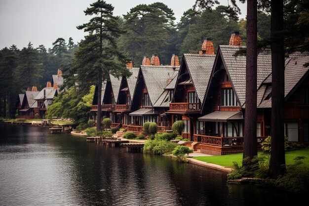 Cozy wooden houses near mountain lake ar c