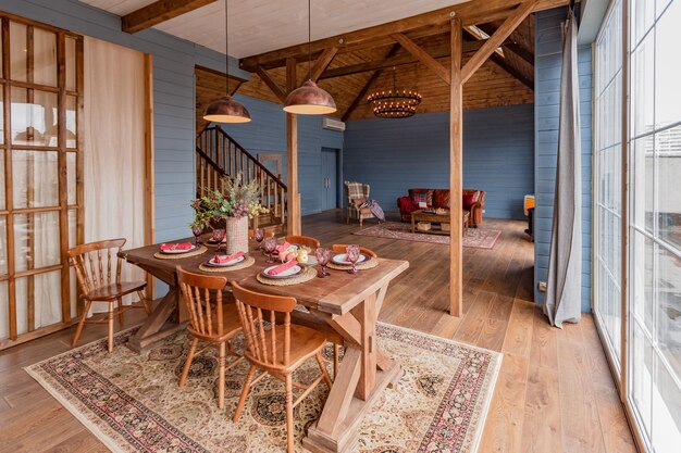 Cozy wooden interior of a country house 