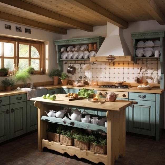 Cozy wooden kitchen in country style Generative AI