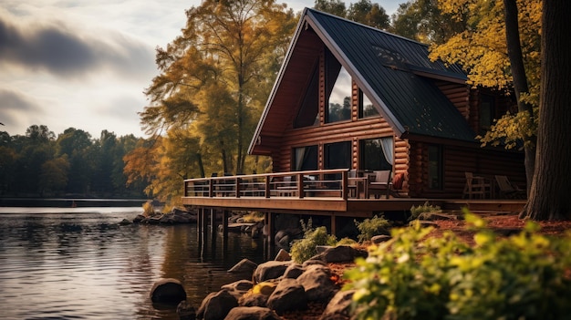 Photo cozy wooden log cabin on a river or lake with a beautiful and scenic view of nature