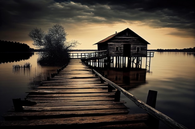 Cozy wooden pier on lake with water in evening flood consequences