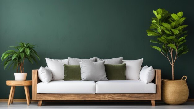 Cozy wooden sofa with white cushions near dark green wall Generative AI