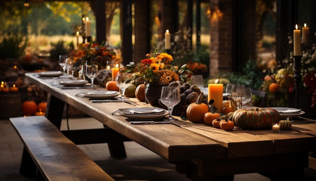 호박 양초와 단풍 중앙 장식품으로 완성되어 가족이나 친구와 함께 가을 축하를 위한 아늑한 나무 테이블 세트