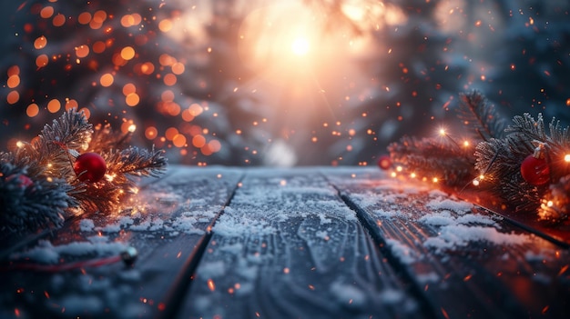 cozy wooden table warm Christmas decor blur with snow festive atmosphere glowing lights abstract cozy warmth soft ambient lighting AI Generative