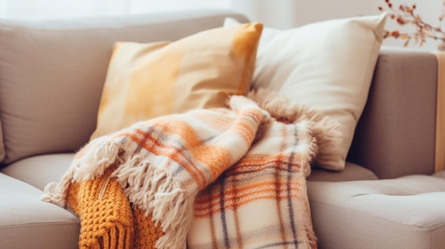 cozy wool blanket on sofa hand holding pillow for relaxation