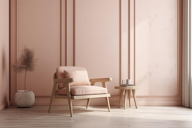 Cozy workspace with a pink color scheme featuring a table and chair Generative AI