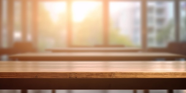 Cozy Workspace with Wooden Table and Blurry Room Background Generative AI Enhanced Stock Image