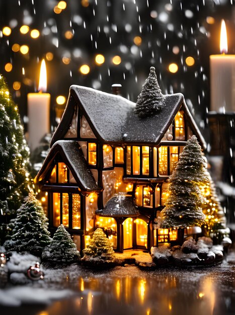 Cozy Xmas ceramic house candle closeup rain sepia detailed cinematic Generative AI Generated