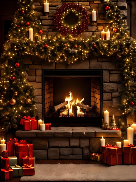 Foto accogliente fuoco di natale in primo piano scuro con colori neutri generati in modo dettagliato in stile cinematografico con intelligenza artificiale generativa