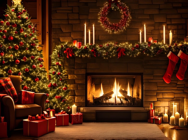 Cozy Xmas fire detailed vivid cinematic feel HDR high resolution Generative AI Generated