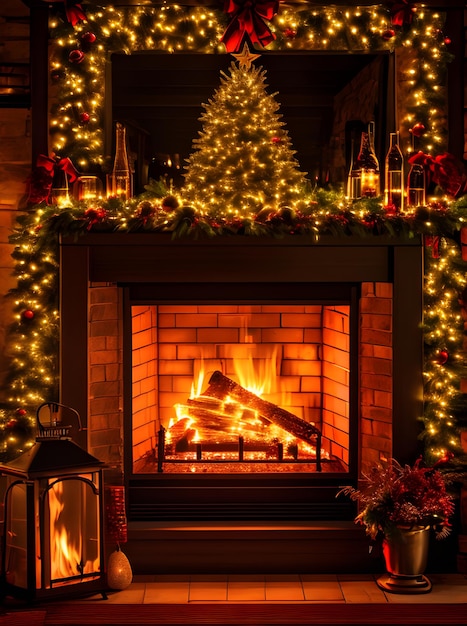 Cozy Xmas fireplace in cinematic sunset detailed neon colors Generative AI Generated