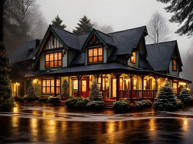 雨が降る居心地の良いクリスマスの家、鮮やかなコダクロームの色合い、映画のようなクローズアップ最大のジェネレーティブ AI 生成