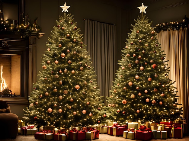 Уютная рождественская елка ночью Кинематографическая атмосфера палитры Pantone Генеративное создание искусственного интеллекта