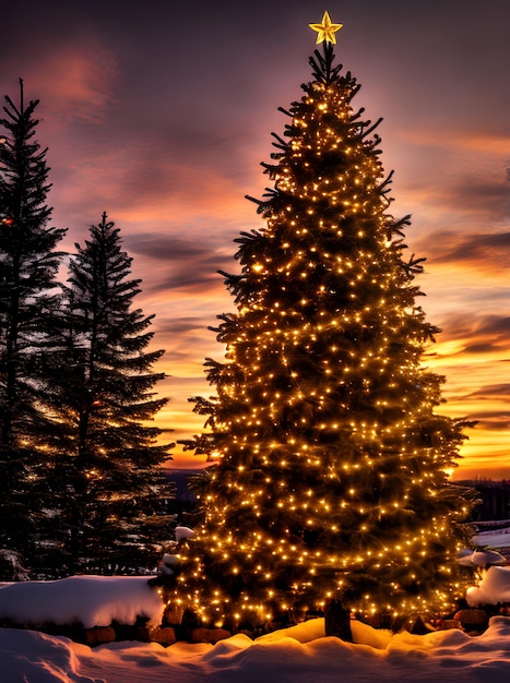 Foto vista cinematografica dettagliata del tramonto dell'albero di natale con l'intelligenza artificiale generativa hdr k generata