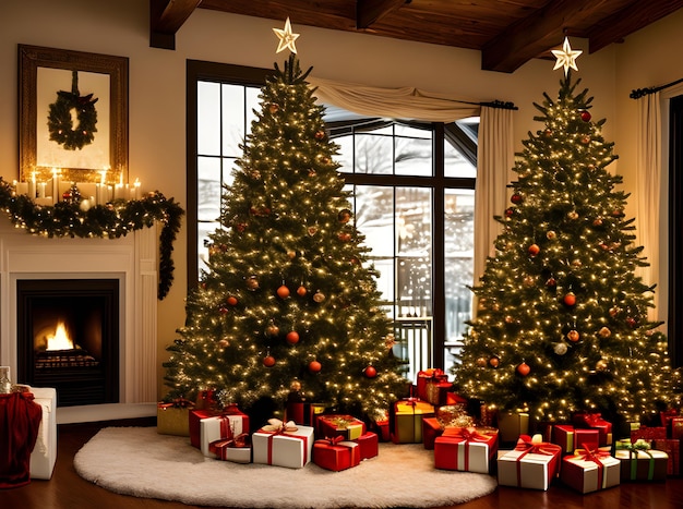 Уютная рождественская елка с теплым освещением. Цвета Pantone, максимальная детализация, генерация с помощью искусственного интеллекта.