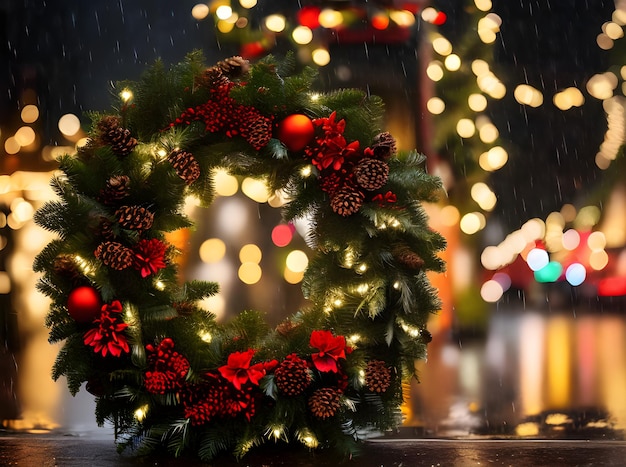 Уютный рождественский венок POV дождь неоновая палитра детализированная кинематографичная Генеративная ИИ Сгенерировано