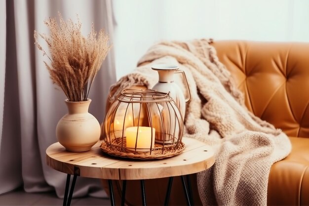 Photo cozycore or cottagecore concept warm soft brown beige interior design objects cozy wool plaid on sofa candle burning in wood lantern tea cup on wood table warm color