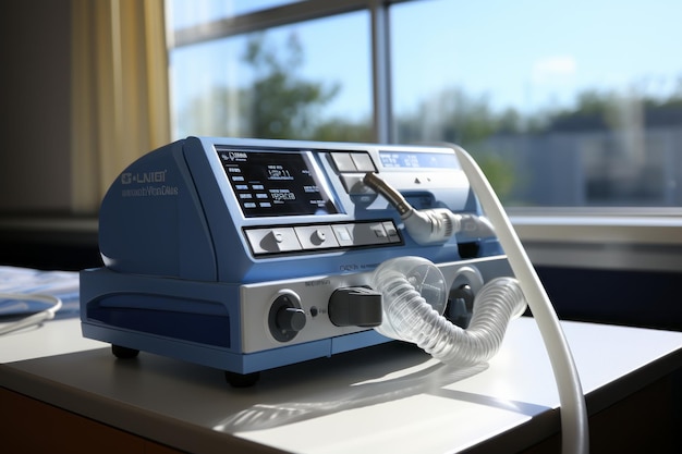 CPAP Machine for Sleep Apnea Beside a Bed