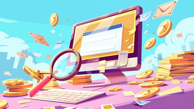 CPC banner computer desktop with cursor clicking on ad button magnifying glass and coins CPC business CPC advertising technology sponsored listing cartoon illustration