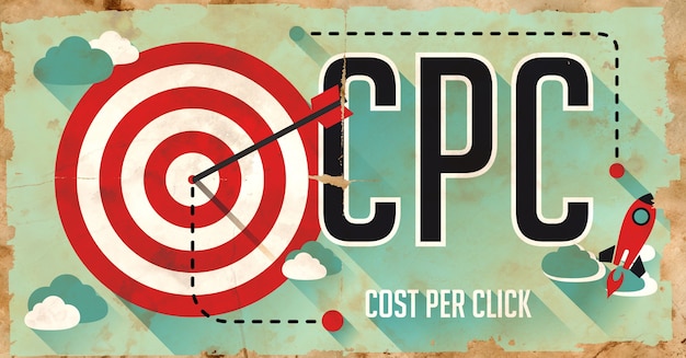 CPC-クリック単価-コンセプト。長い影のあるフラットなデザインの古い紙のポスター。