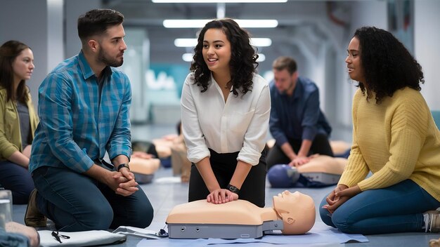 Photo cpr class with instructors talking and demonstrating firt aid compressions ans reanimation procedur