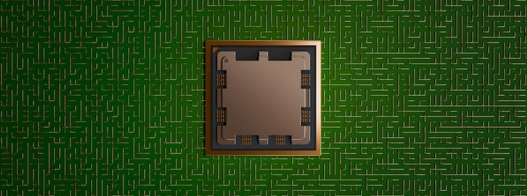 Photo 구리 와이어와 함께 녹색 보드 회로의 미로에 cpu  정법 우수 뷰 3d 배너